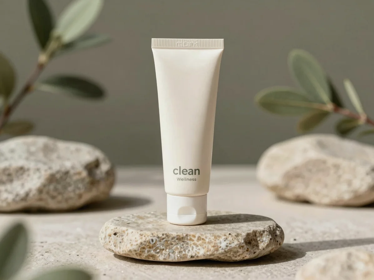 Clean botanical wellness photography, a tube of joint cream on a