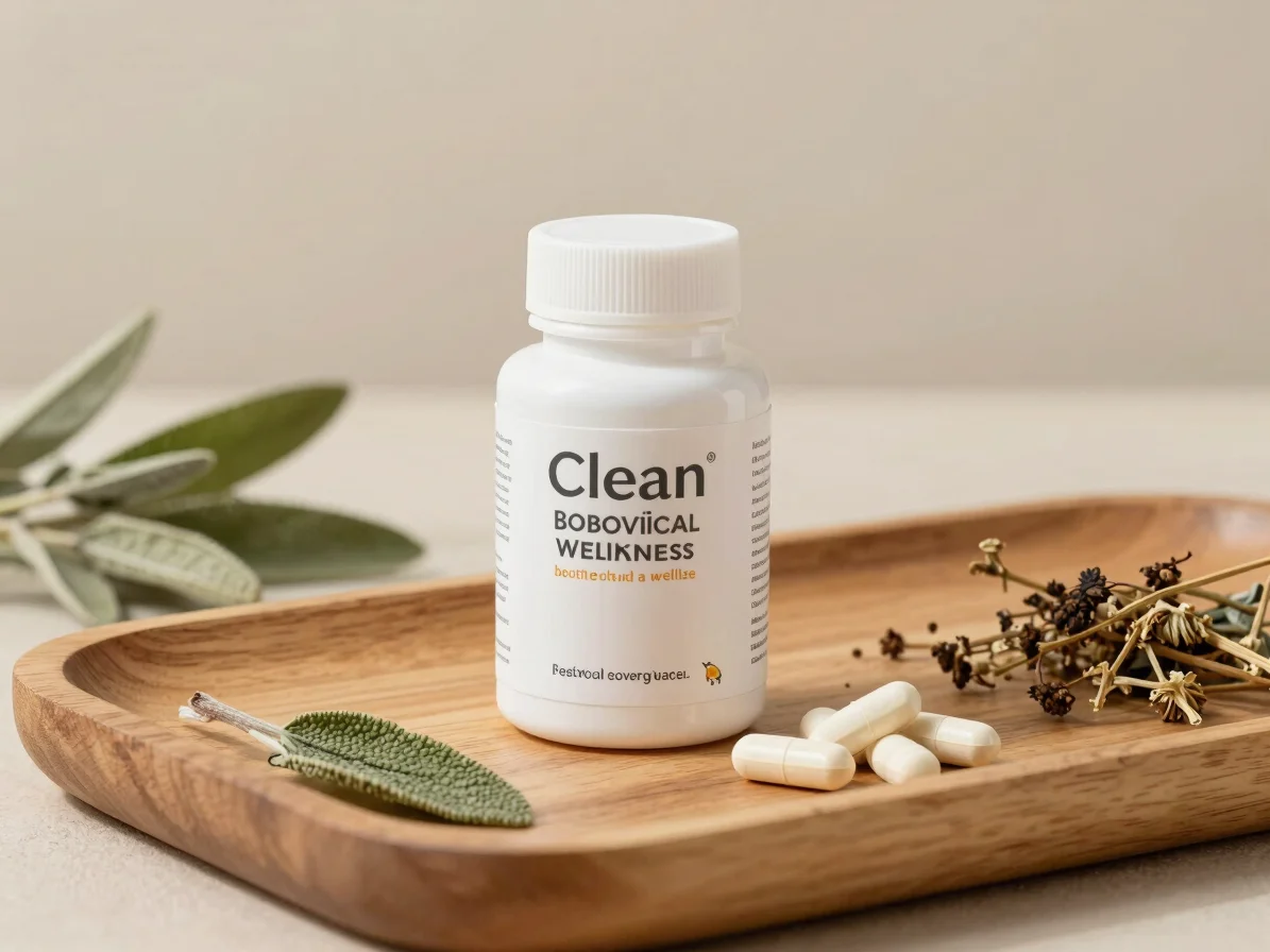 Clean botanical wellness photography, a small bottle of food supp