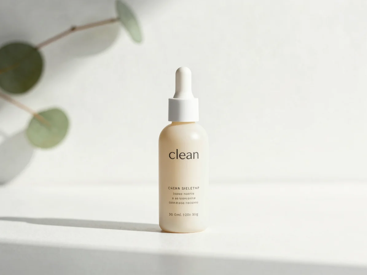 Clean botanical wellness photography, a sleek bottle of hair seru