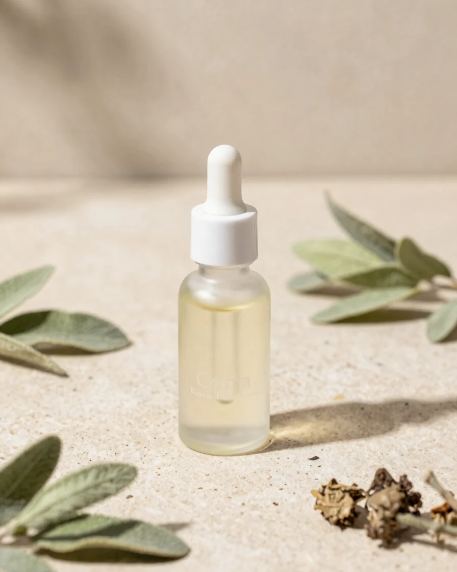 Clean botanical wellness photography, glass oil dropper bottle an